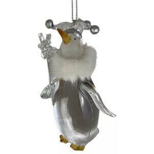Christmas Ornament Penguin Clear Acrylic Faux Fur Trim w/ Scepter King Cute